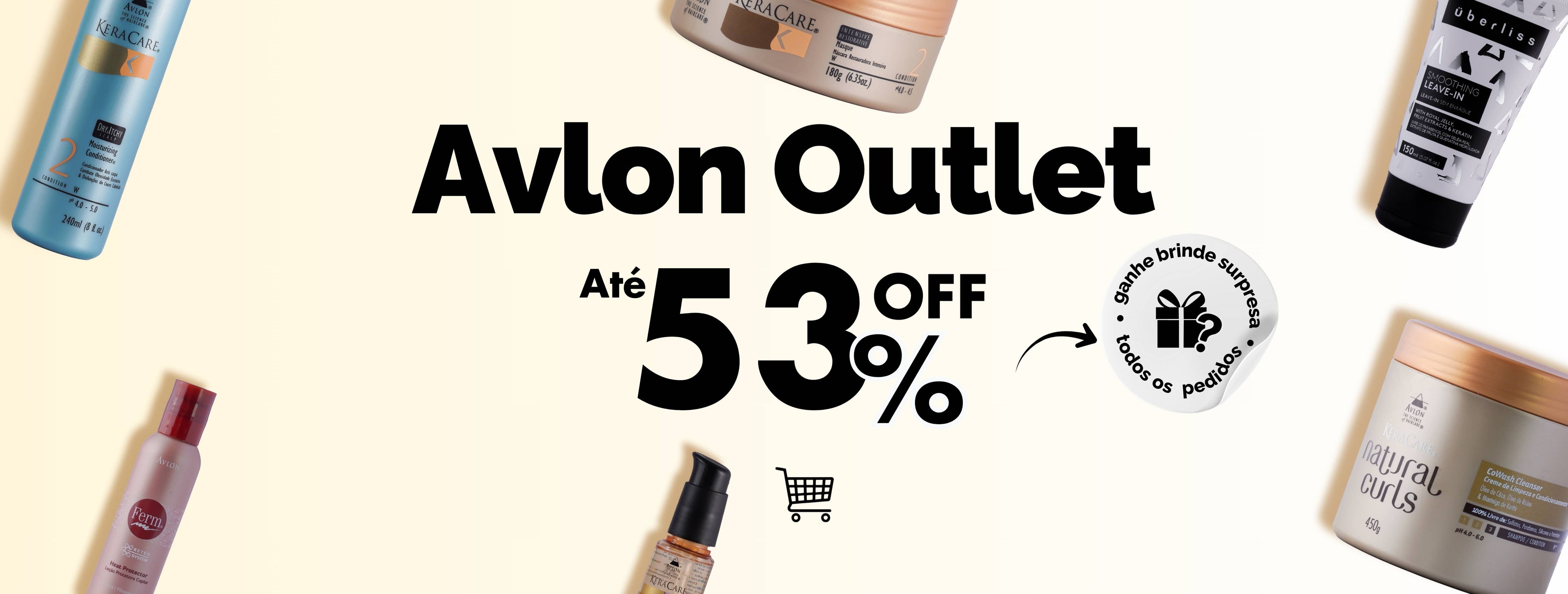 Banner promocional do Outlet Avlon Brasil, mostrando produtos de haircare com descontos de até 50%.