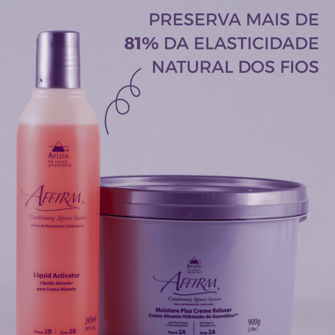 Pote de Affirm Creme Alisante Sódio, formulado para alisar cabelos cacheados e crespos, proporcionando fios mais lisos, condicionados e com elasticidade preservada.
