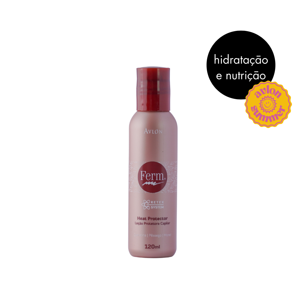 Ferm com Queratina, Pêssego e Óleo de Monoi Loção Protetora Térmica 120ml que facilita o pente e protege do calor, proporcionando brilho, maciez e fios disciplinados.