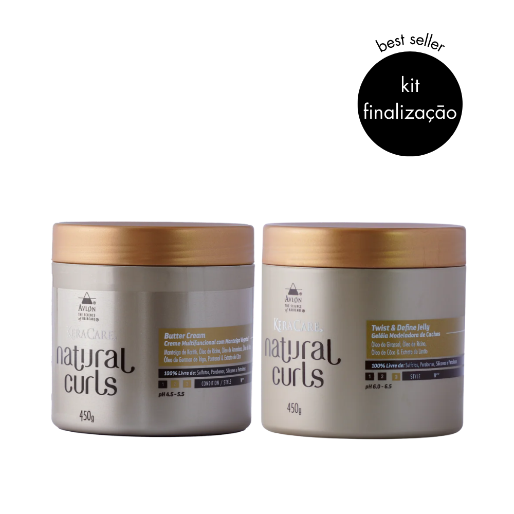 Kit KeraCare Natural Curls com dois produtos: Twist & Define Jelly 450g e Butter Cream 450g, exibidos lado a lado em embalagens tubulares, destinados à definição, hidratação e estilização de cabelos cacheados e crespos.