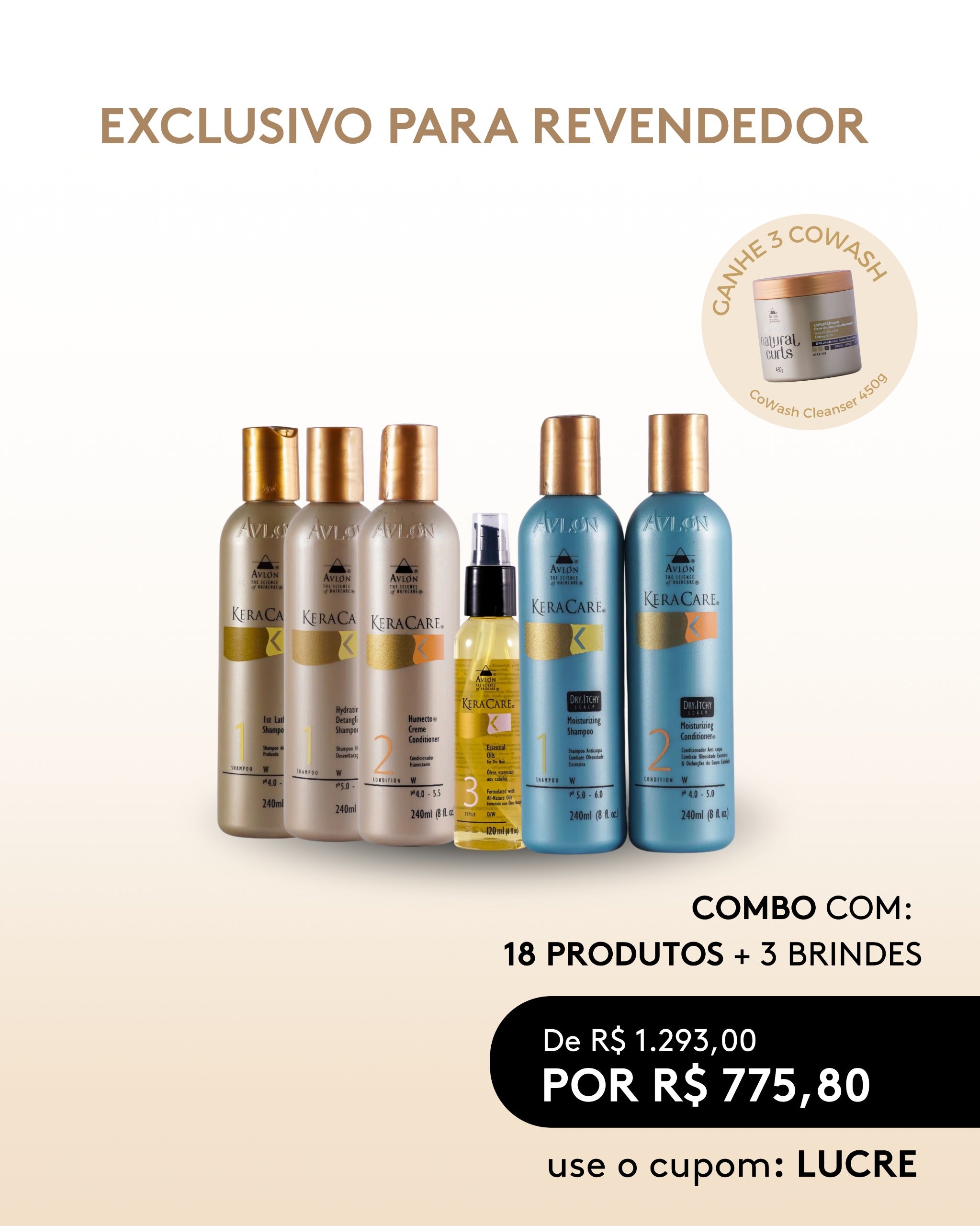 Combo de produtos KeraCare exibido sobre fundo neutro, ideal para revendedores e distribuidores testarem a qualidade antes de realizar pedidos maiores.
