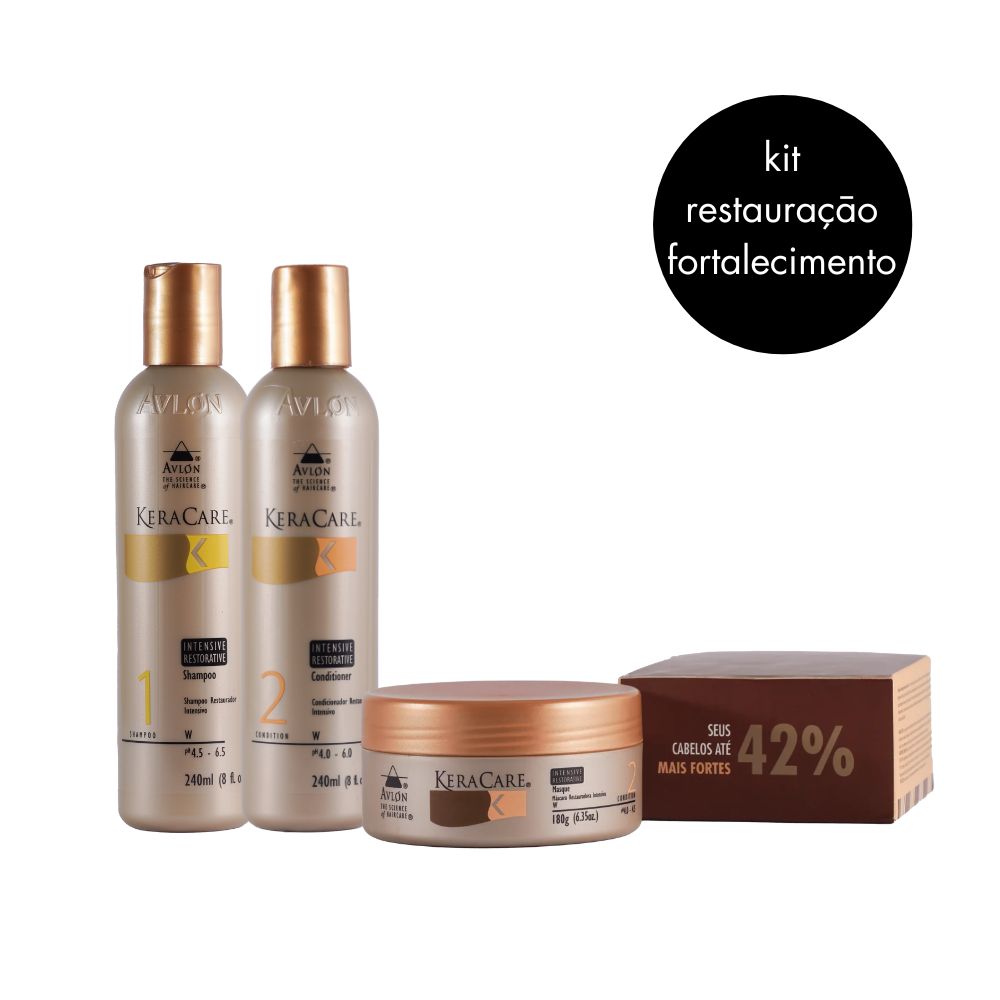 Kit KeraCare Intensive Restorative para fortalecimento capilar. Inclui shampoo de 240ml que restaura hidratação e brilho, condicionador de 240ml que fortalece e facilita o desembaraço, e máscara de 180g que repara profundamente a fibra capilar, deixando os fios mais fortes, macios e saudáveis