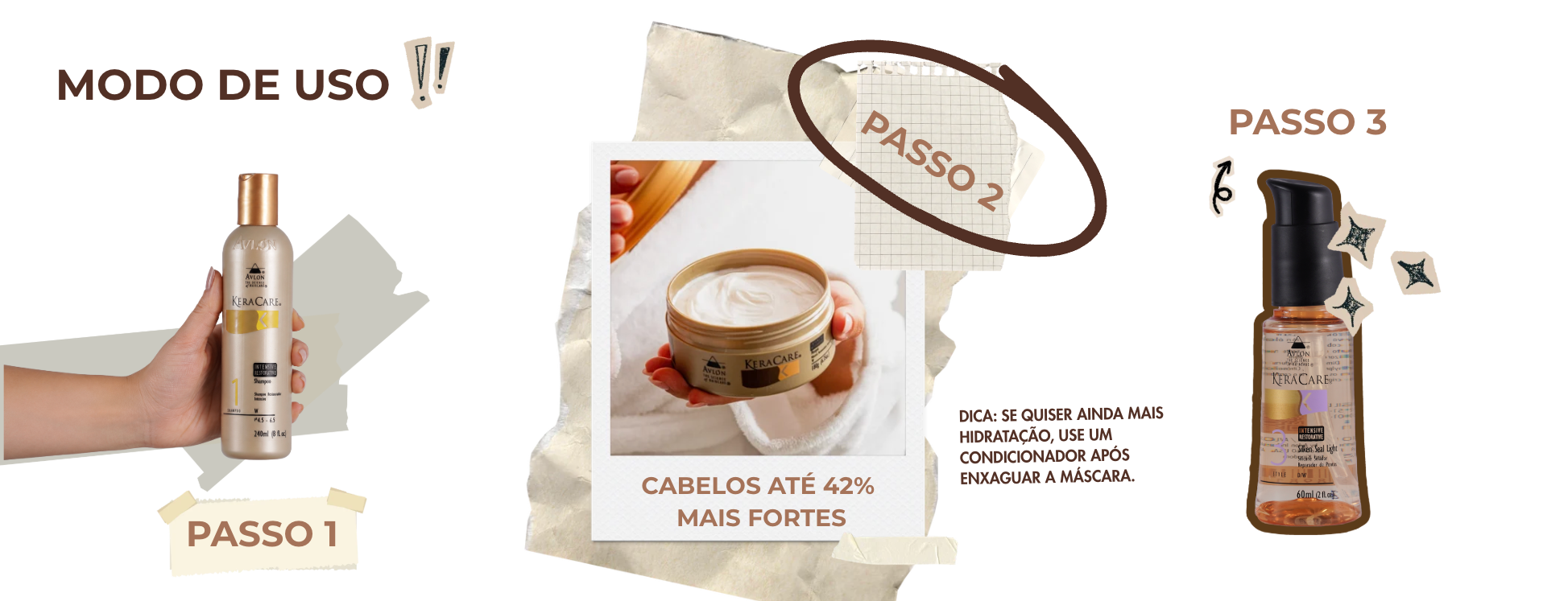 Modo de uso do kit de reconstrução capilar KeraCare: shampoo, máscara de hidratação capilar e reparador de pontas em 3 passos