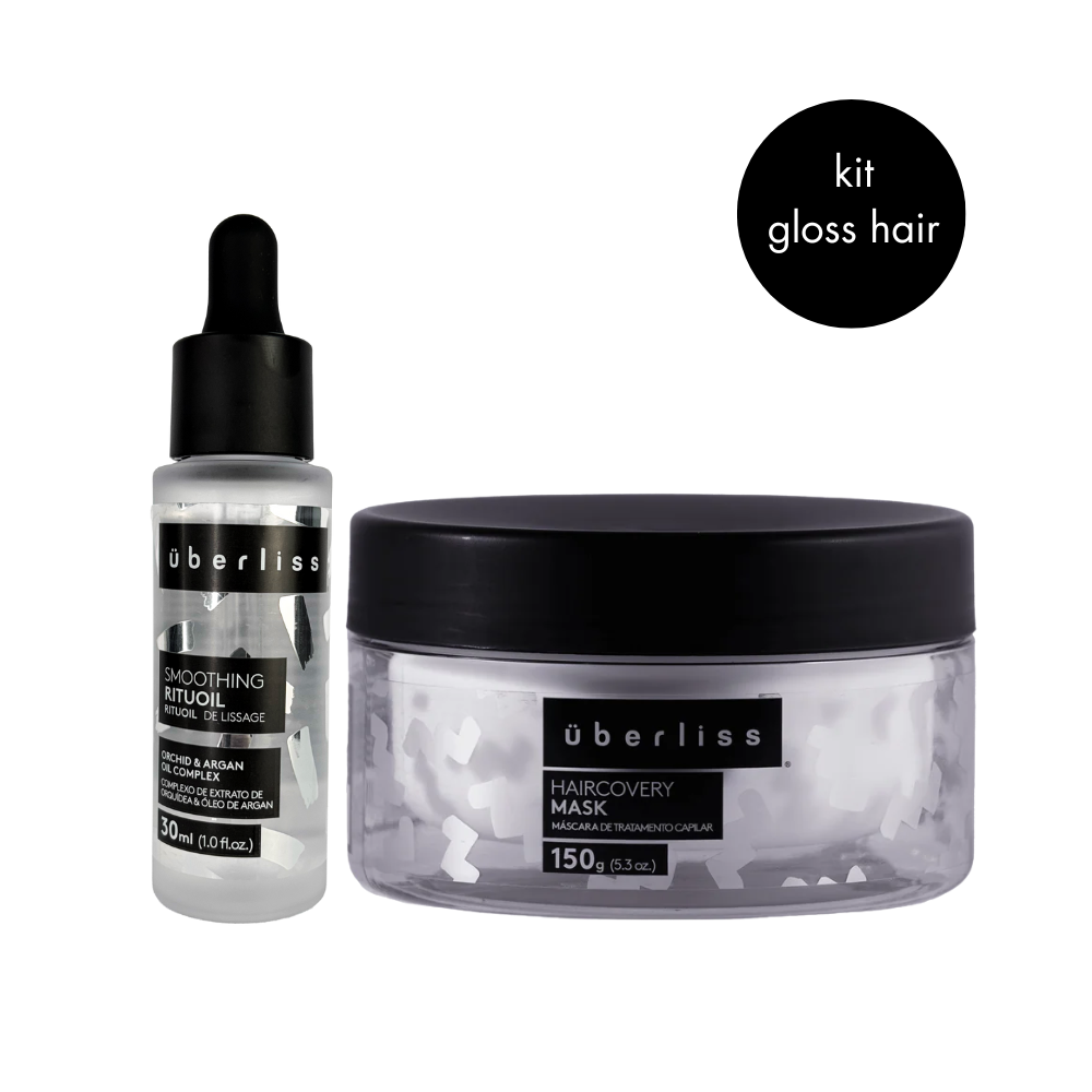 Kit Glass Hair com RituOil Uberliss, óleo multifuncional leve com Óleo de Orquídea e Argan que nutre, sela cutículas e protege do calor, e Máscara HairCovery com Geleia Real, Queratina e Óleo de Manga, proporcionando hidratação intensa, elasticidade, maciez e brilho espelhado aos cabelos.