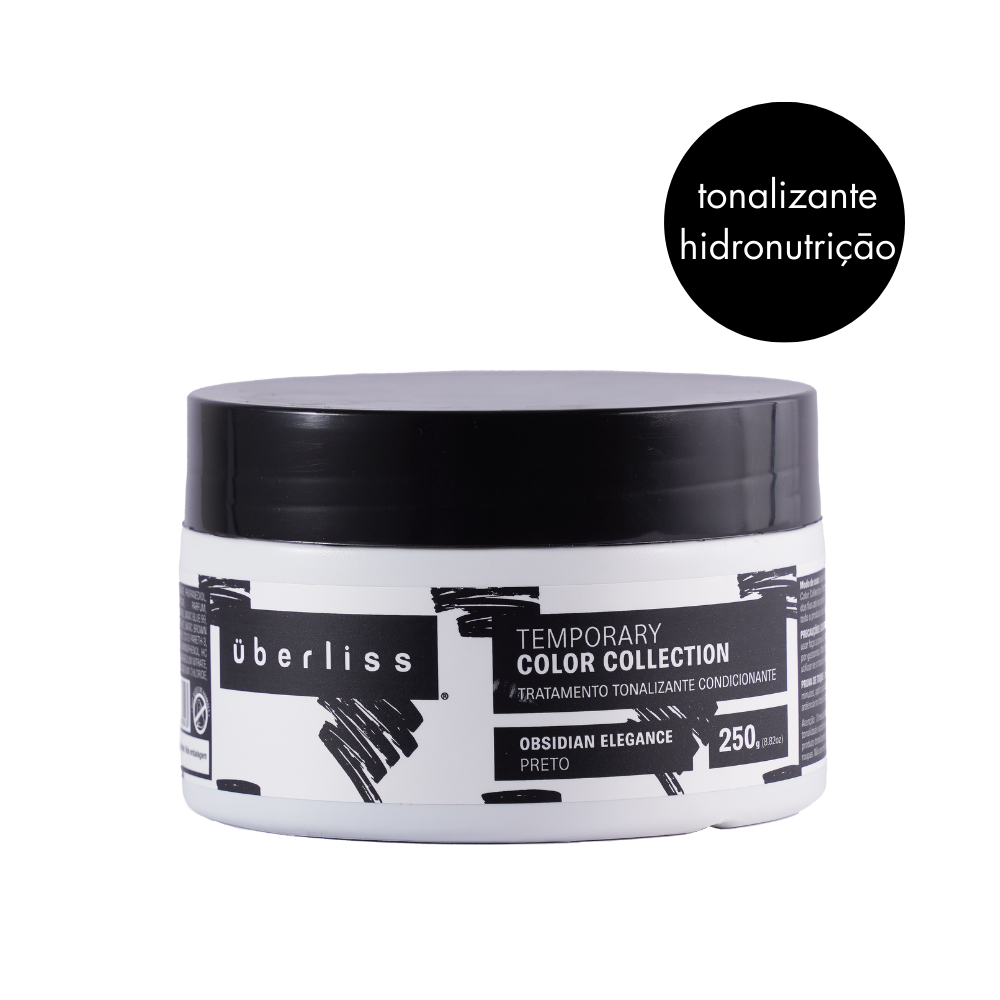 Máscara tonalizante condicionante preta Obsidian Elegance Natural Curls, com óleo de coco, óleo de abacate e Keracyn, que nutre, hidrata e mantém a cor por 7 a 10 lavagens
