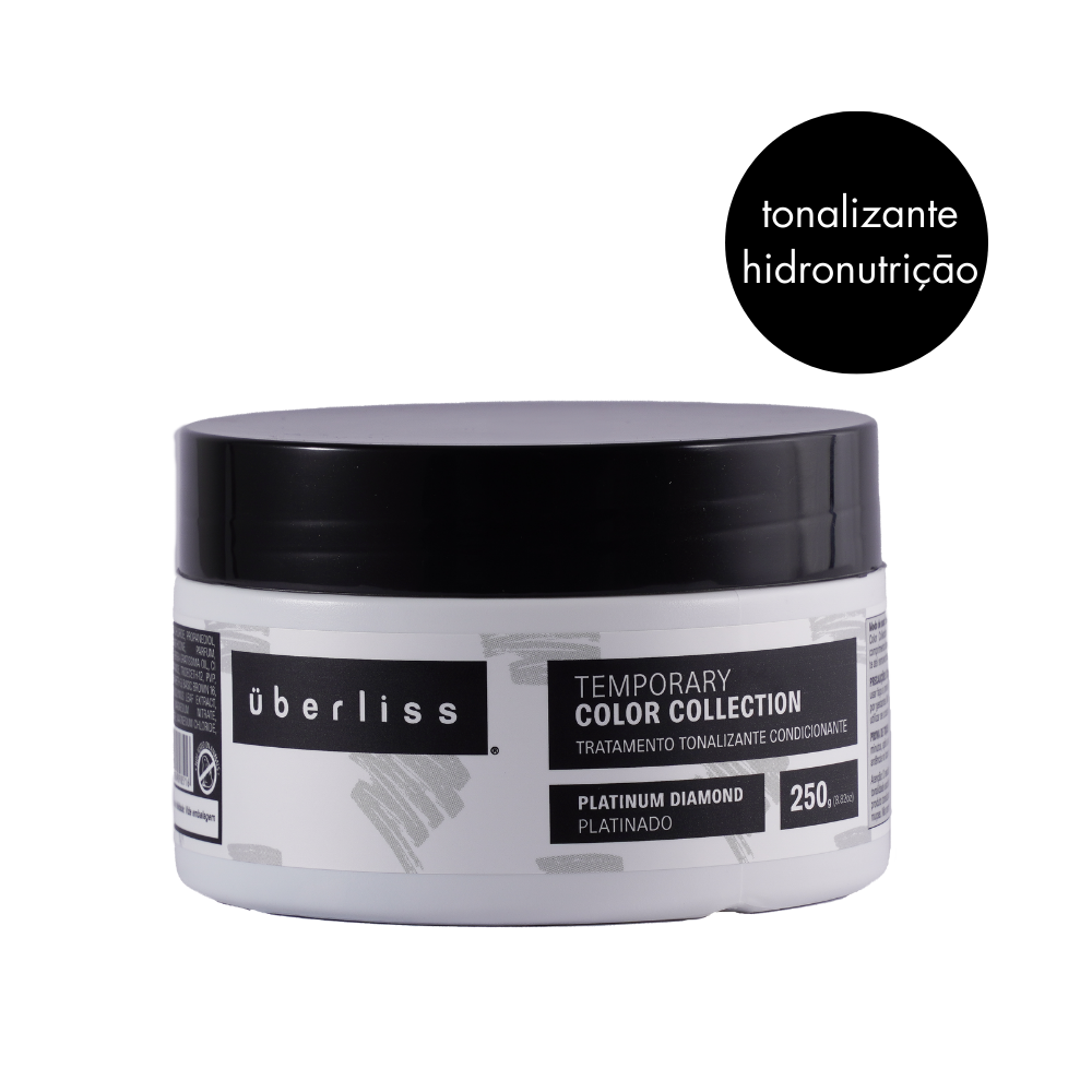 Máscara tonalizante platinado Platinum Diamond, com óleo de coco, óleo de abacate e Keracyn, que nutre, hidrata e mantém a cor por 7 a 10 lavagens.