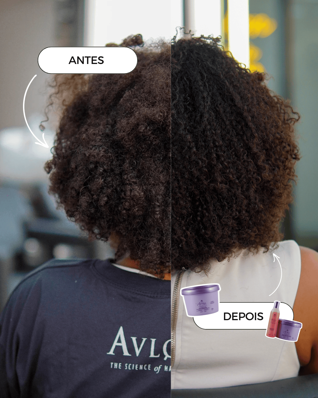 Imagem de antes e depois com a linha Affirm, destacando cabelos cacheados ou crespos transformados em fios mais lisos, alinhados, com brilho e elasticidade preservada.