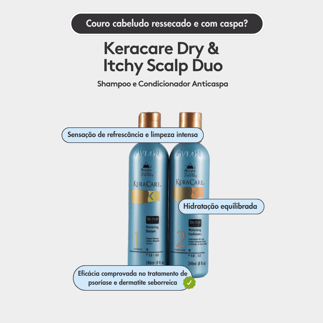 Duo KeraCare Dry & Itchy Scalp com shampoo e condicionador anticaspa para refrescar, limpar e hidratar o couro cabeludo.