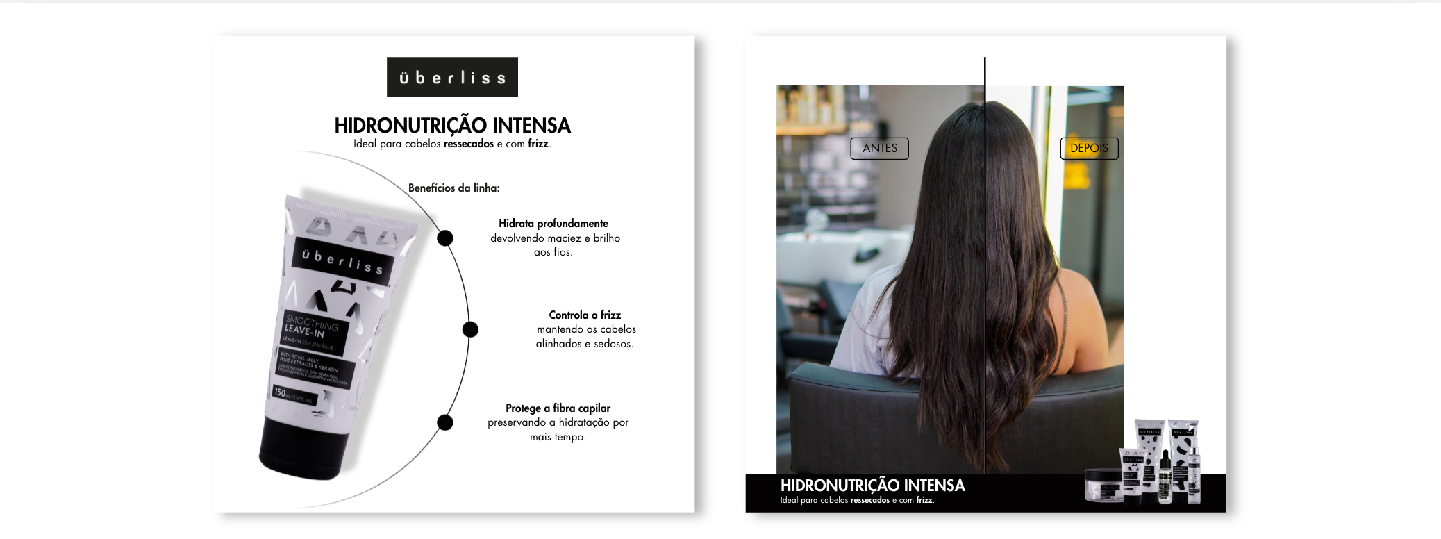 Painel de benefícios do Uberliss Hidronutrição Intensa e resultado antes e depois em cabelo longo.