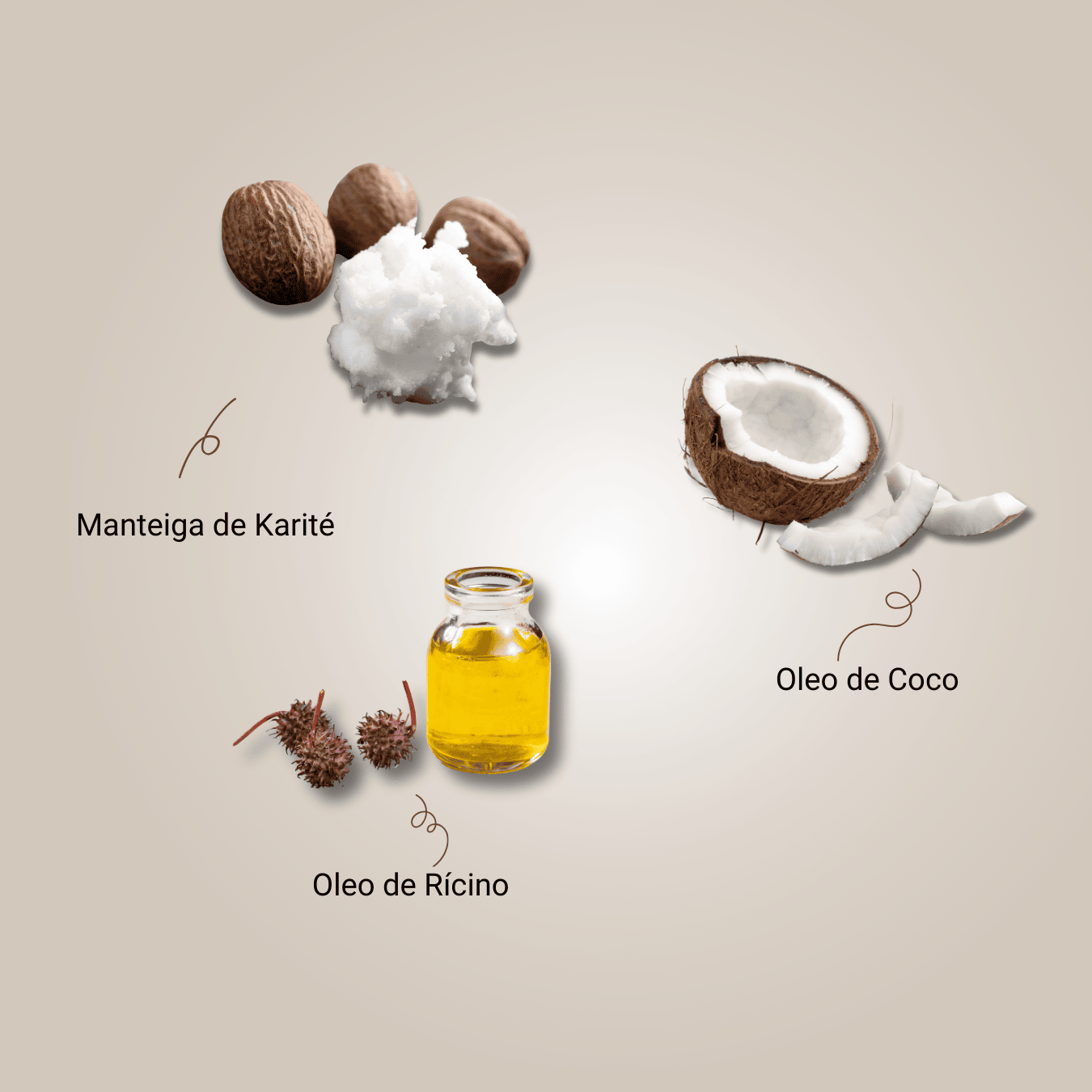 Imagem com Manteiga de Karité, óleo de coco e óleo de rícino, ingredientes conhecidos por fortalecer os fios, hidratar profundamente e estimular o crescimento saudável do cabelo. Ideal para fórmulas nutritivas e reparadoras.