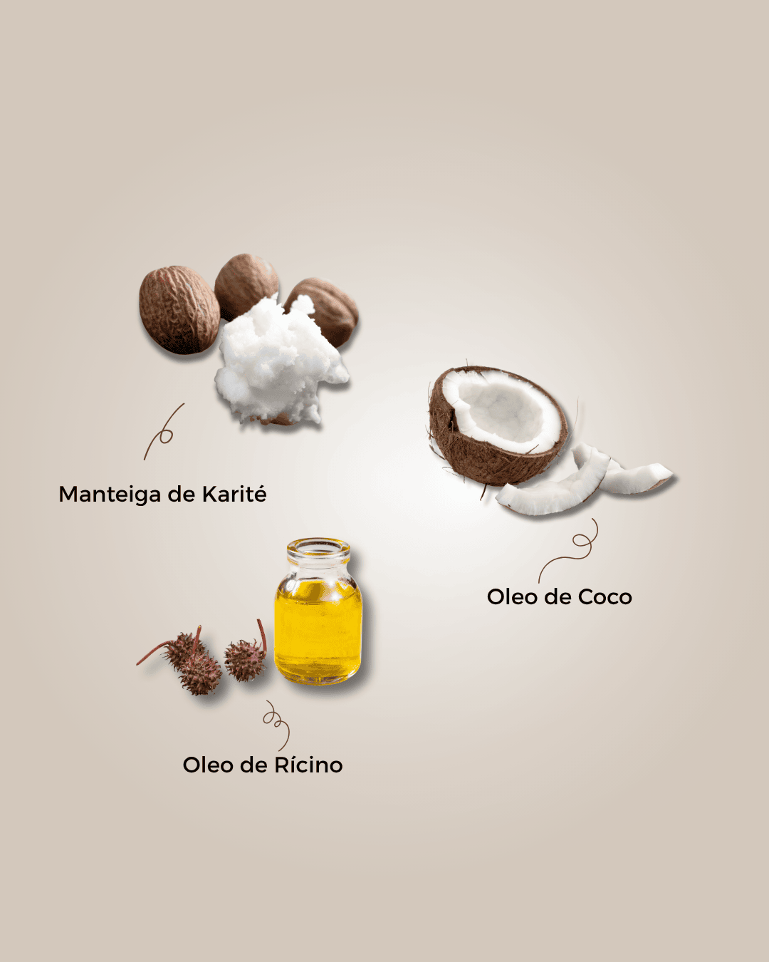 Imagem com Manteiga de Karité, óleo de coco e óleo de rícino, ingredientes conhecidos por fortalecer os fios, hidratar profundamente e estimular o crescimento saudável do cabelo. Ideal para fórmulas nutritivas e reparadoras.