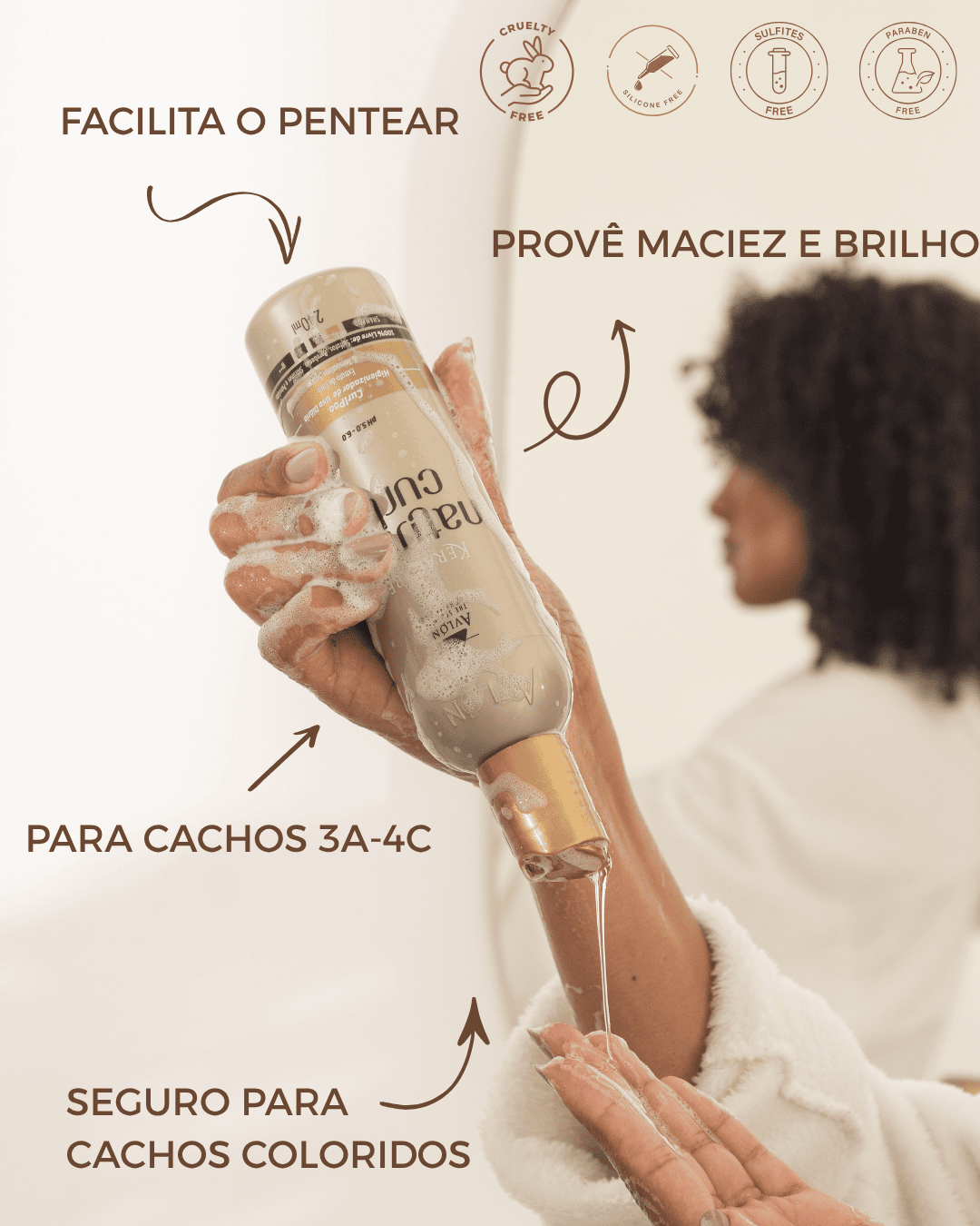 Frasco de shampoo nutritivo para cabelos crespos e cacheados, com fórmula hidratante à base de extrato de coco e tensoativos suaves, que limpa sem agredir e mantém os nutrientes dos fios.