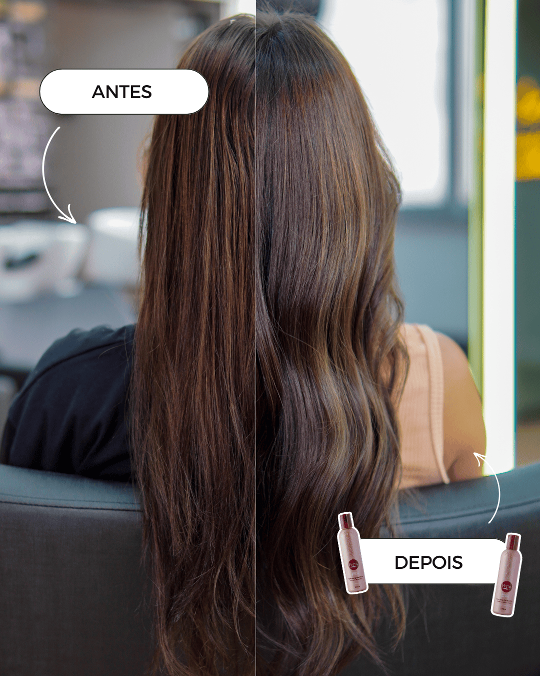 Imagem de antes e depois mostrando os resultados da linha Ferm: cabelos visivelmente mais lisos, hidratados, com menos frizz e aspecto saudável após o tratamento.