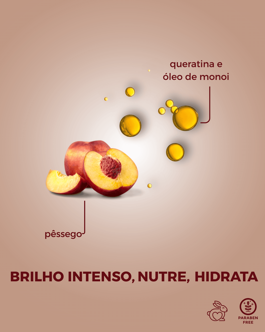 Extrato de pêssego rico em vitaminas A, C e antioxidantes, que ajudam a hidratar, fortalecer e restaurar o brilho natural dos cabelos.
