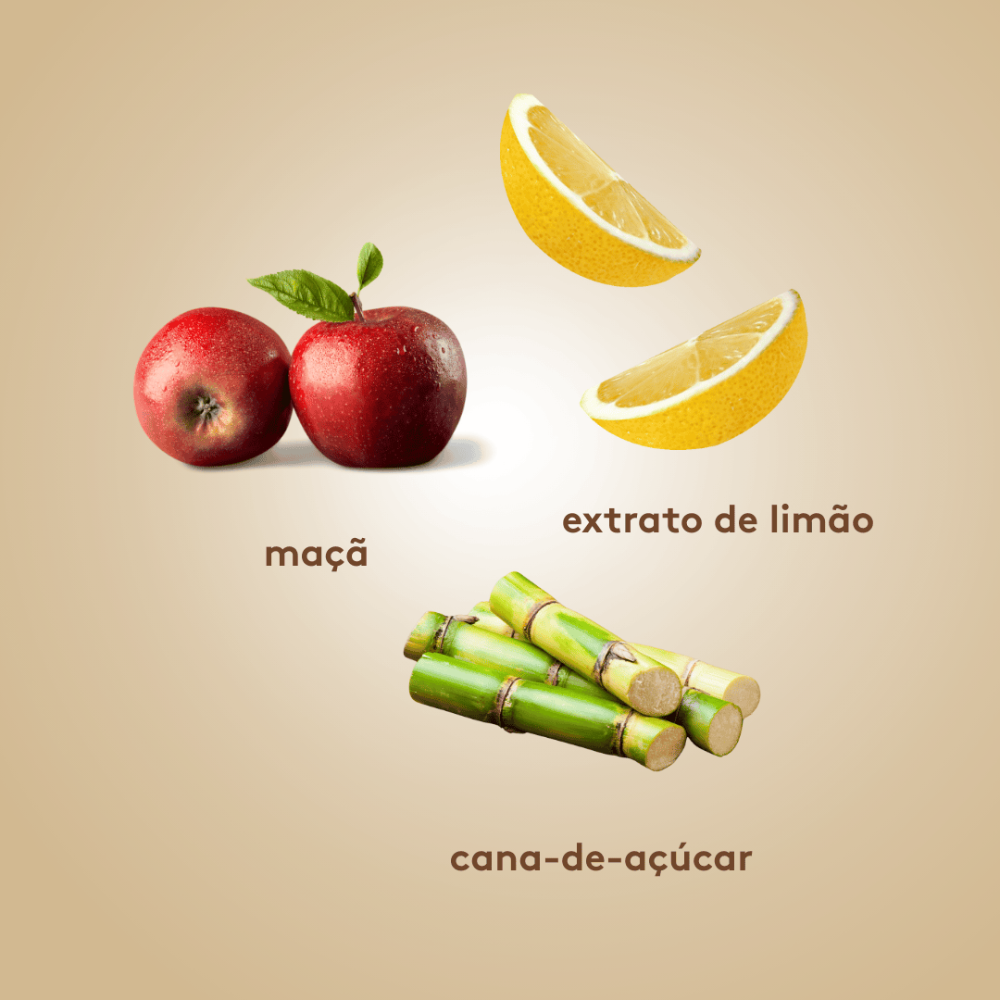 Foto de limões, maçãs e açúcar de cana, ingredientes naturais usados em produtos capilares. O limão ajuda a controlar a oleosidade e promove brilho, a maçã fortalece os fios e hidrata, enquanto o açúcar de cana atua como esfoliante suave no couro cabeludo, estimulando o crescimento e renovando a saúde capilar.