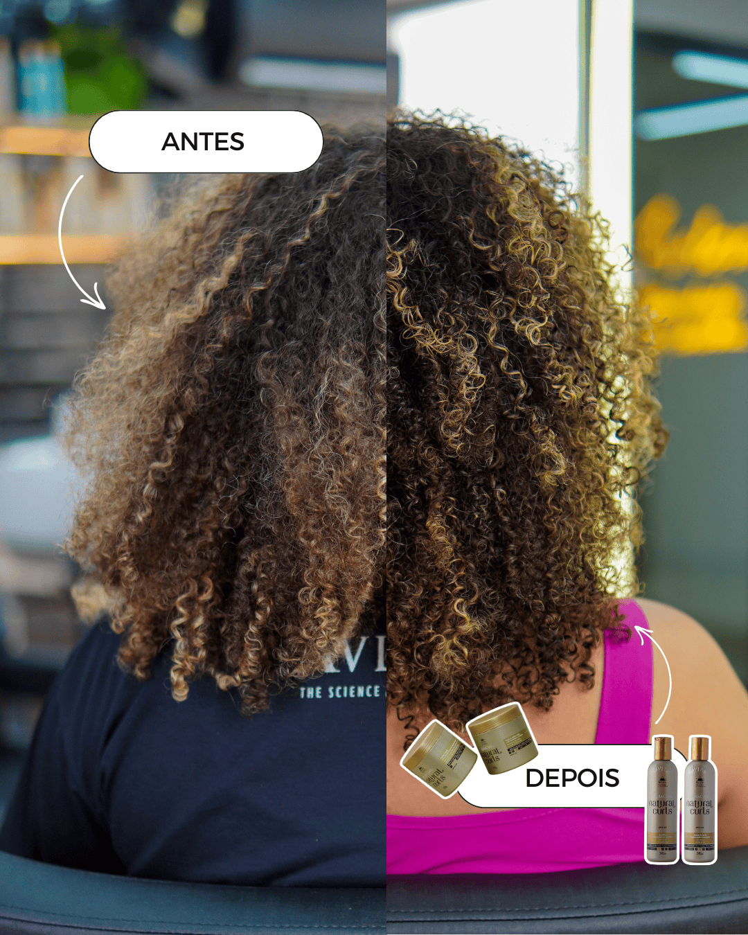 Imagem de antes e depois com a linha KeraCare Natural Curls Classic, mostrando cachos mais definidos, hidratados, com menos frizz e aparência naturalmente saudável.