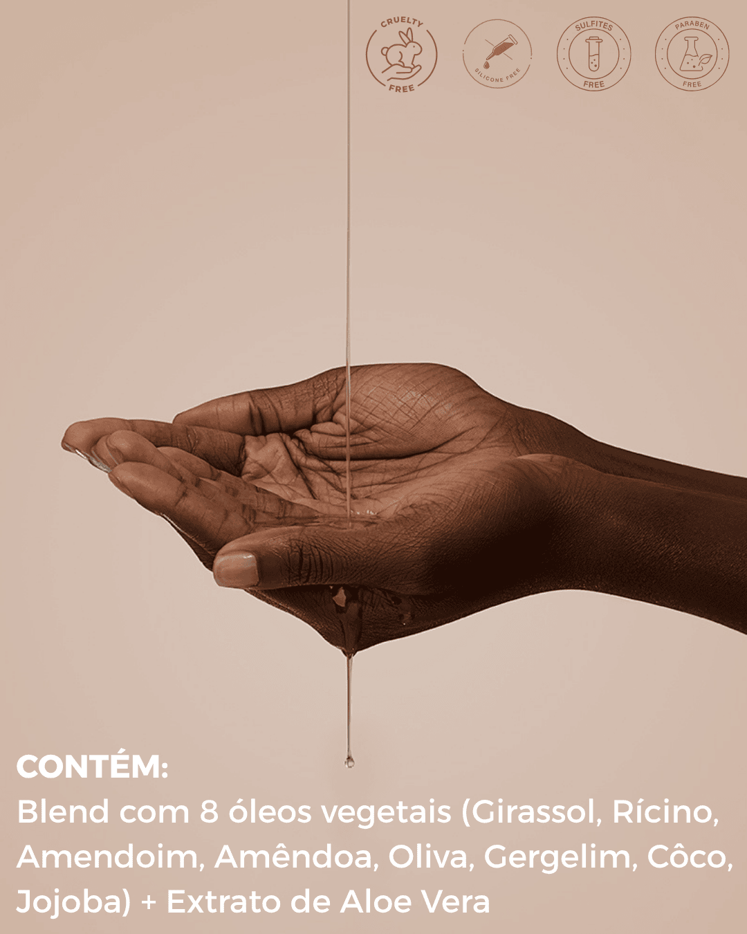 Frasco de protetor térmico e óleo capilar para umectação com blend de 8 óleos vegetais e aloe vera. Ideal para cabelos cacheados e crespos ressecados, promove nutrição intensa, brilho, maciez e proteção térmica, sem pesar os fios.