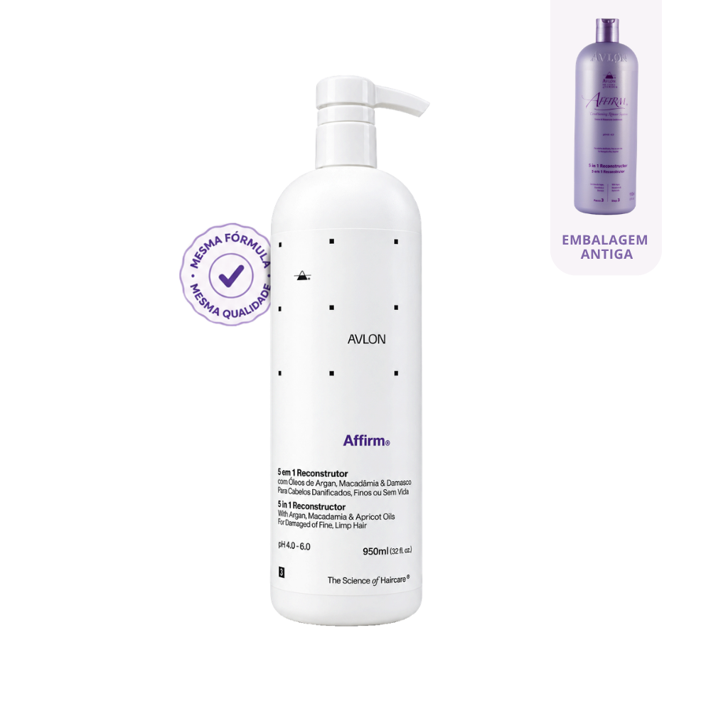 Reconstrutor capilar Affirm 5 em 1 Avlon 950 ml em frasco branco com válvula pump, ao lado da embalagem antiga roxa.