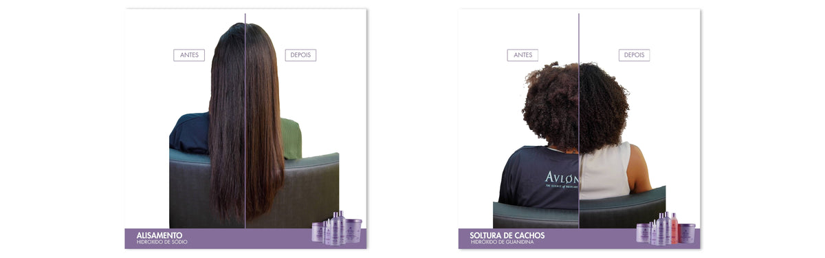 Comparação de antes e depois de cabelos tratados com a coleção Affirm da Avlon.
