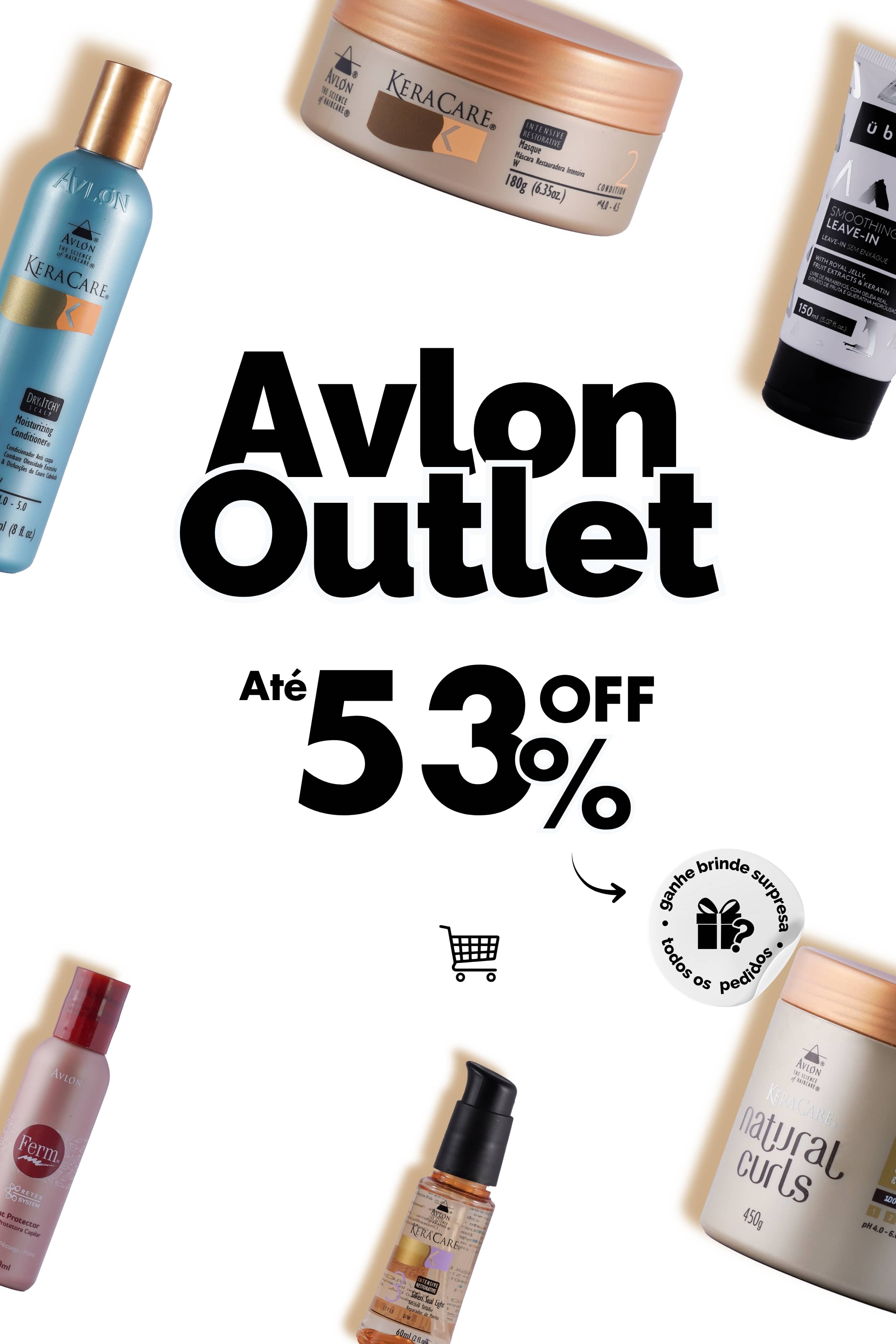 Banner promocional do Outlet Avlon Brasil para celular, mostrando produtos de haircare com descontos de até 50%.