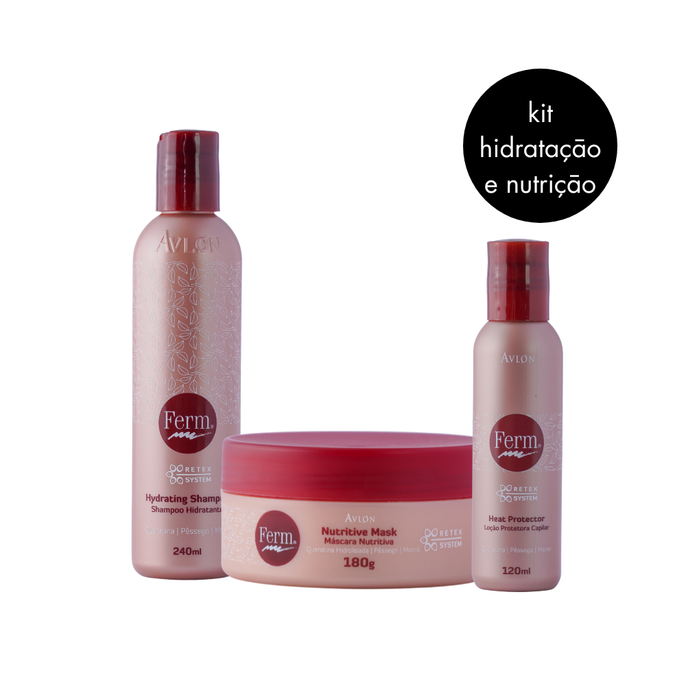 Kit Ferm com Queratina, Pêssego e Óleo de Monoi, incluindo Shampoo Hidratante 240ml para cabelos quimicamente tratados, Máscara Nutritiva 180g para hidratação intensiva e nutrição, e Loção Protetora Térmica 120ml que facilita o pente e protege do calor, proporcionando brilho, maciez e fios disciplinados.