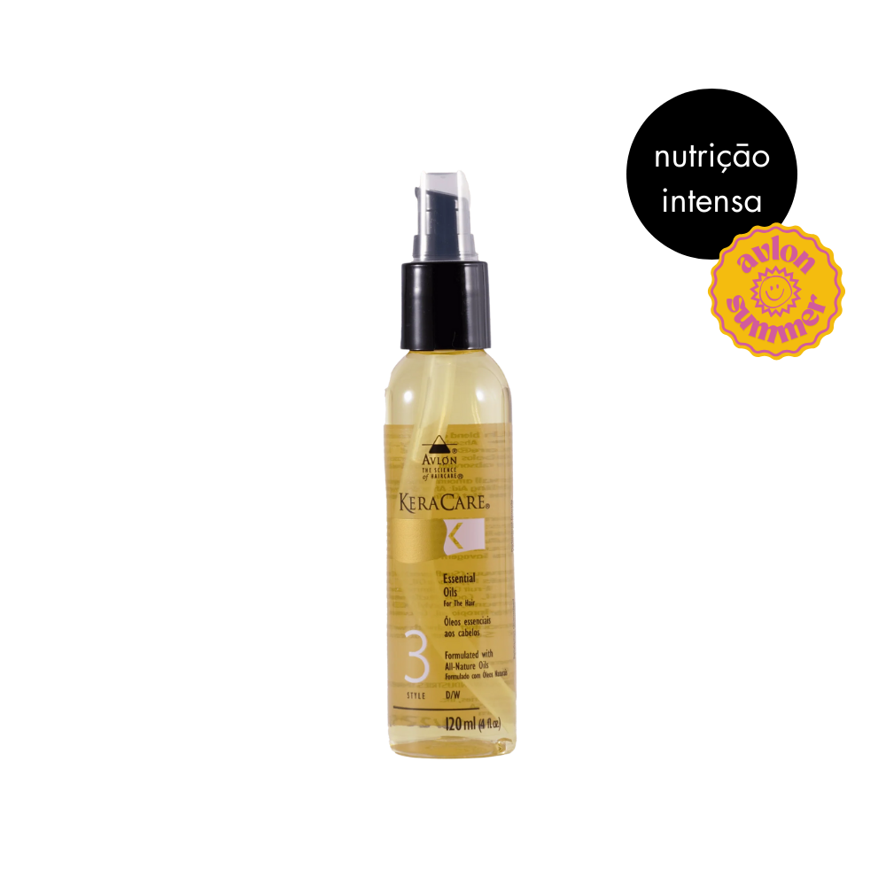 Imagem do KeraCare Essential Oils com selo de verão, destacando nutrição, proteção e hidratação dos fios durante a estação mais quente