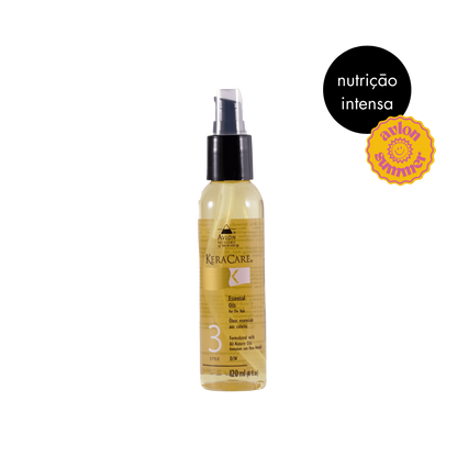 Imagem do KeraCare Essential Oils com selo de verão, destacando nutrição, proteção e hidratação dos fios durante a estação mais quente