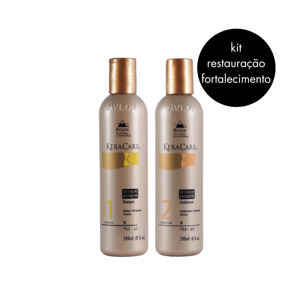 Kit de nutrição e fortalecimento capilar KeraCare com shampoo e condicionador 240ml, formulado com extratos botânicos e aminoácidos para hidratar, restaurar brilho e maciez, ideal para cabelos fragilizados por processos químicos