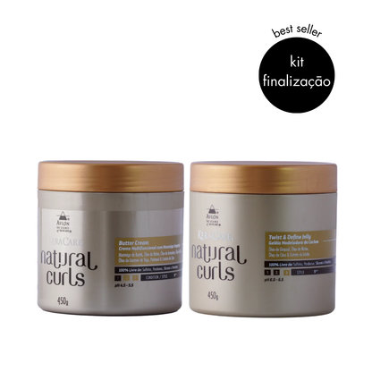 Kit KeraCare Natural Curls com dois produtos: Twist &amp; Define Jelly 450g e Butter Cream 450g, exibidos lado a lado em embalagens tubulares, destinados à definição, hidratação e estilização de cabelos cacheados e crespos.
