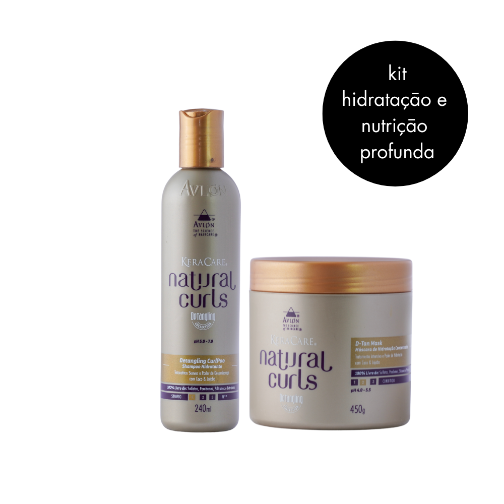 Foto dos produtos KeraCare Natural Curls Detangling CurlPoo 240ml e Máscara Natural Curls D-Tan 450g, shampoo hidratante e máscara de nutrição que desembaraçam o cabelo, limpam suavemente e mantêm maciez, brilho e nutrientes dos fios cacheados e crespos. Todos os produtos são 100% livres de sulfatos, parabenos, silicones e petrolatos. Indicado para cabelos 2a, 2b, 2c, 3a, 3b, 3c, 4a, 4b e 4c, ajuda a combater frizz e ressecamento e respeita a leveza e maleabilidade dos cachos.