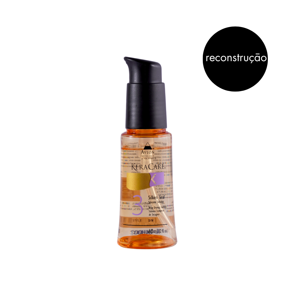 Silicone reparador de pontas e protetor térmico, com sílica hidrolisada que sela cutículas, repara pontas, proporciona maciez, leveza e brilho, textura leve e perfume agradável, sem óleos