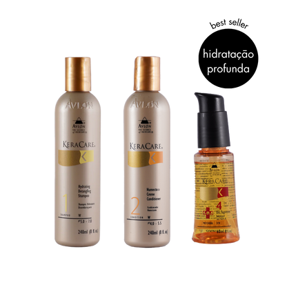 Tratamento completo para cabelos secos, danificados e quimicamente tratados. O shampoo hidratante limpa suavemente e ajuda a reparar os fios, o condicionador nutre, reduz frizz e previne quebra, e o óleo com Macadâmia e Red Palm finaliza com brilho, maciez e proteção térmica.