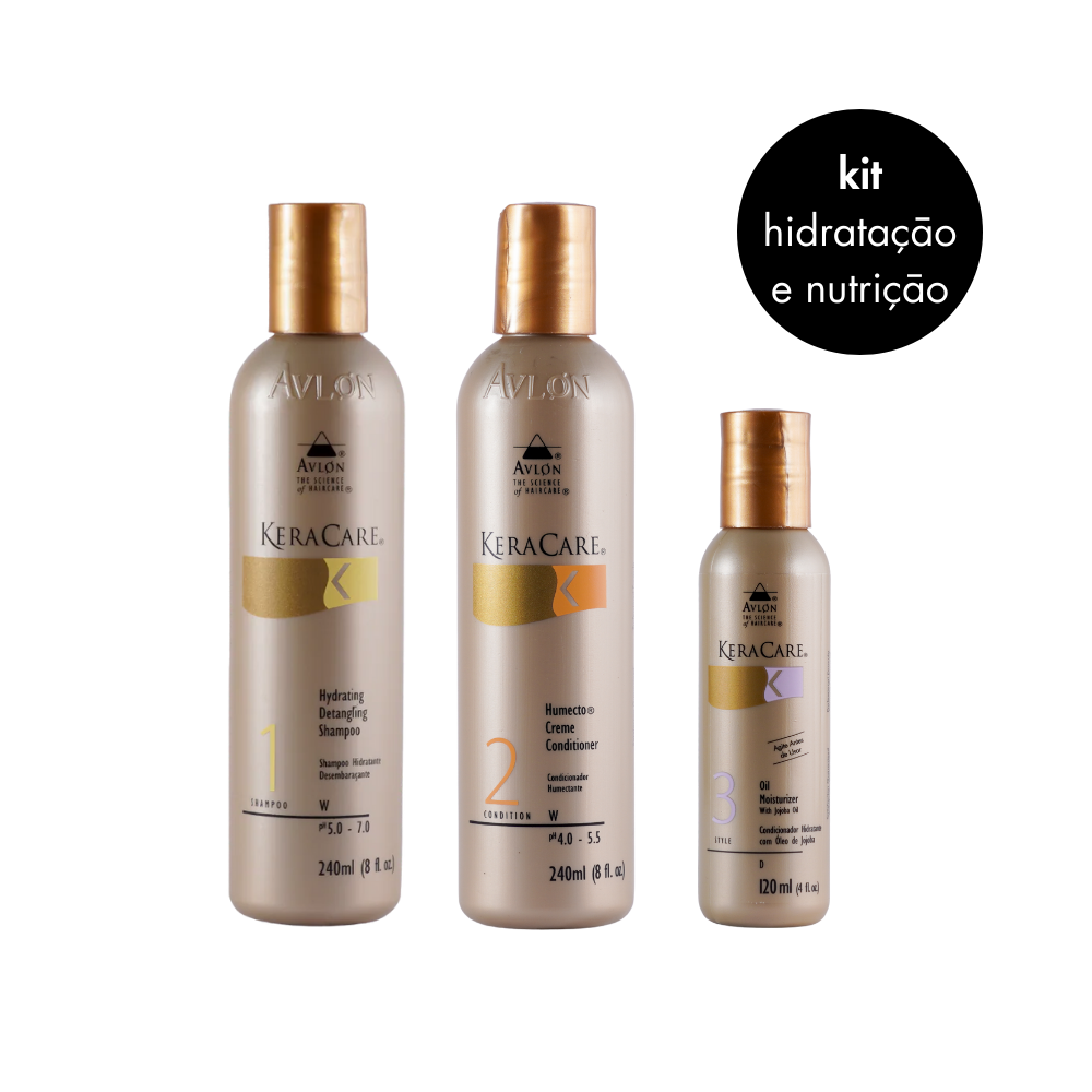Kit KeraCare completo com Shampoo Hidratante Desembaraçante, Condicionador Humecto Creme e Óleo Hidratante com Óleo de Jojoba, ideal para hidratação profunda, cabelos secos e danificados, promovendo brilho, maciez e proteção térmica.