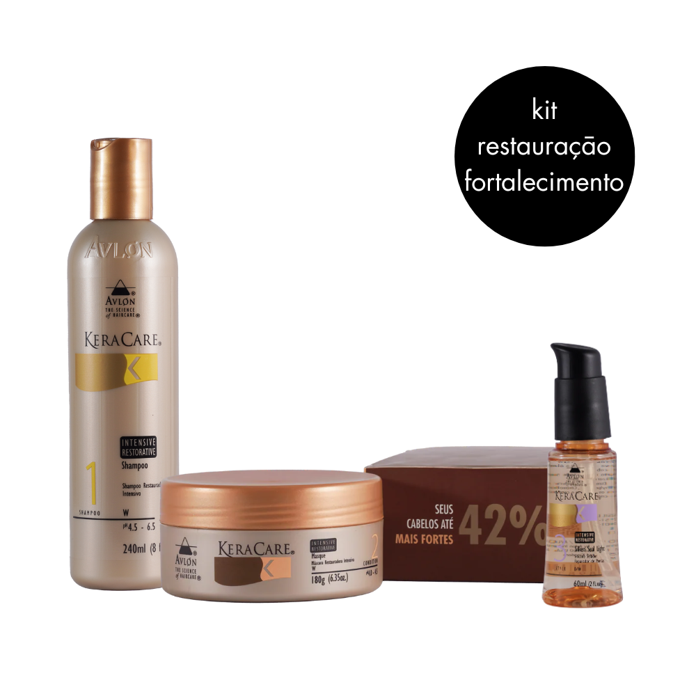 Kit KeraCare Intensive Restorative com Shampoo 240ml para fortalecimento e hidratação de cabelos fragilizados, Máscara Restauradora Intensiva 180g para nutrição profunda, reparo e elasticidade, e Selador de Cutículas Silken Seal Light 60ml para proteção, brilho, maciez e toque suave nos fios.