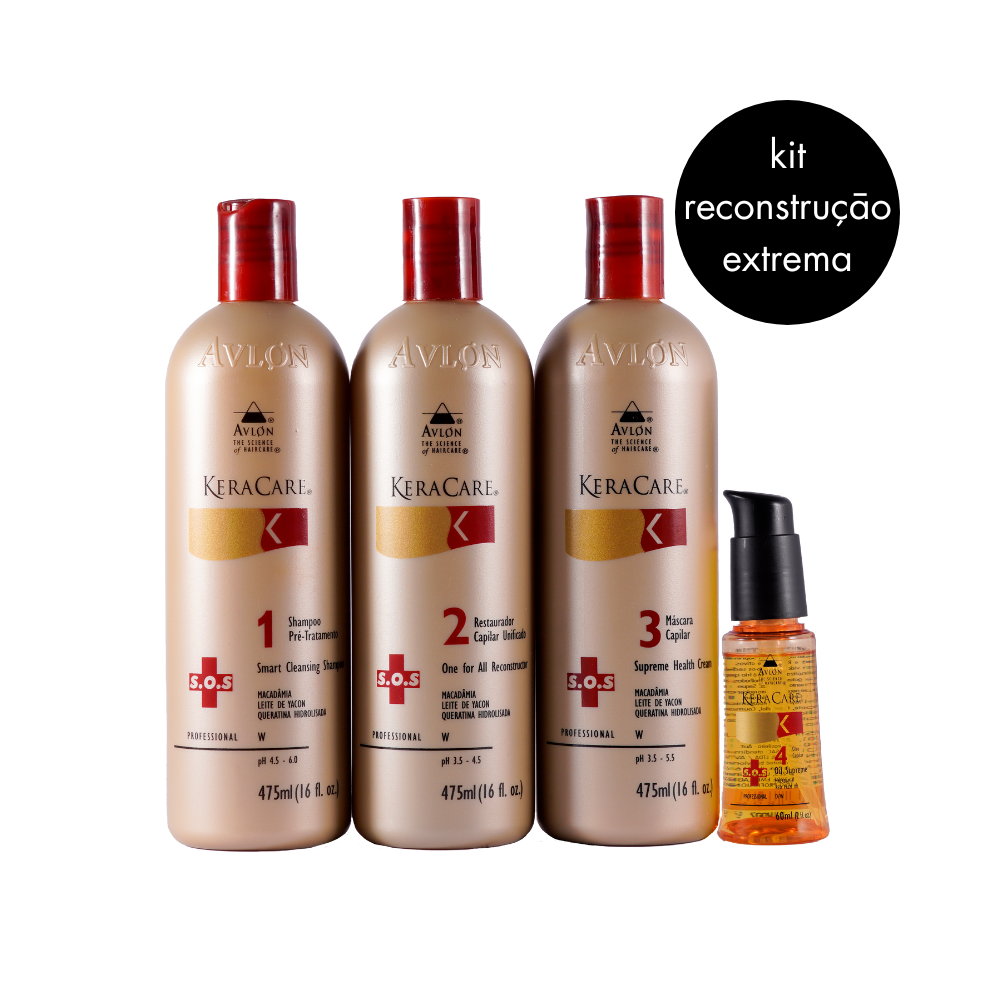 Imagem do Kit KeraCare SOS para casos extremos, incluindo Shampoo Hidratante, Máscara de Reconstrução, Máscara de Hidratação/Nutrição e Óleo para Cabelos Danificados, ideal para restaurar brilho, elasticidade e força dos fios instantaneamente.