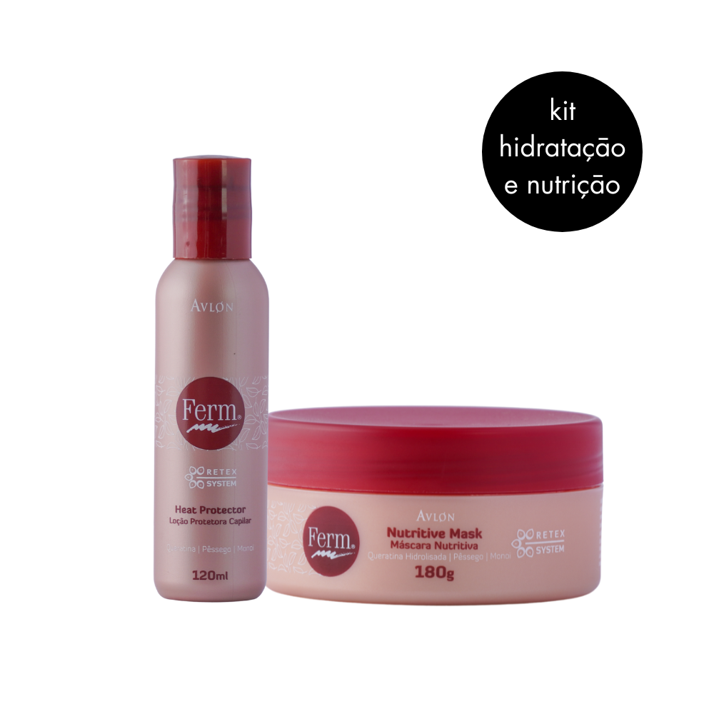 Kit Ferm com Queratina, Pêssego e Óleo de Monoi, incluindo Shampoo Hidratante 240ml para cabelos quimicamente tratados, Máscara Nutritiva 180g para hidratação intensiva e nutrição, e Loção Protetora Térmica 120ml que facilita o pente e protege do calor, proporcionando brilho, maciez e fios disciplinados.