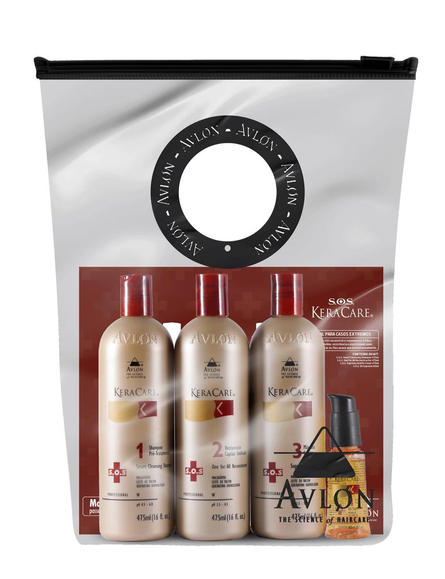 Imagem do Kit KeraCare SOS para casos extremos, incluindo Shampoo Hidratante, Máscara de Reconstrução, Máscara de Hidratação/Nutrição e Óleo para Cabelos Danificados, ideal para restaurar brilho, elasticidade e força dos fios instantaneamente.