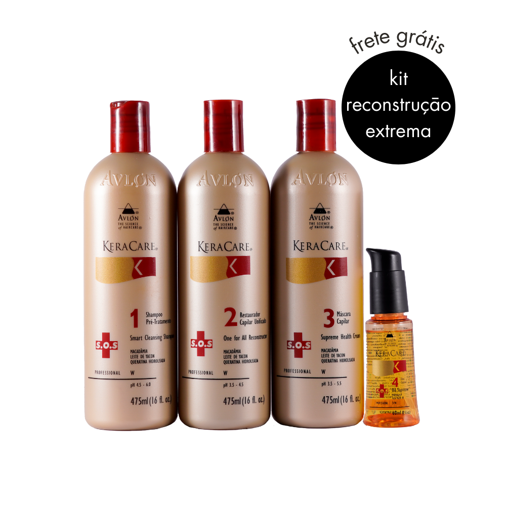 Kit KeraCare SOS Reconstrução Extrema Avlon – Shampoo 475ml, Reconstructor 475ml, Supreme Health Cream 475ml e Oil Supreme 60ml