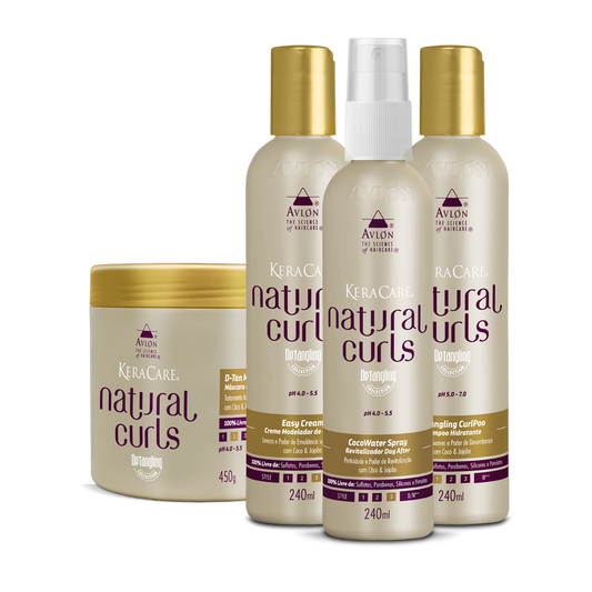 SHAMPOO HIDRATANTE, MÁSCARA DE NUTRIÇÃO, ATIVADOR DE CACHOS E SPRAY ANTIFRIZZ DAY AFTER - KIT KERACARE NATURAL CURLS DETANGLING COMPLETO