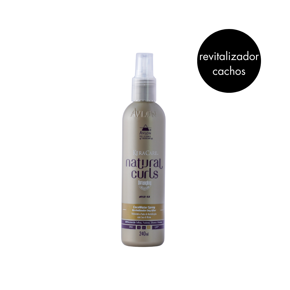 Spray Revitalizante Natural Curls Cocowater para cabelos cacheados e crespos, usado como finalizador ou day after, proporcionando movimento, leveza e hidratação