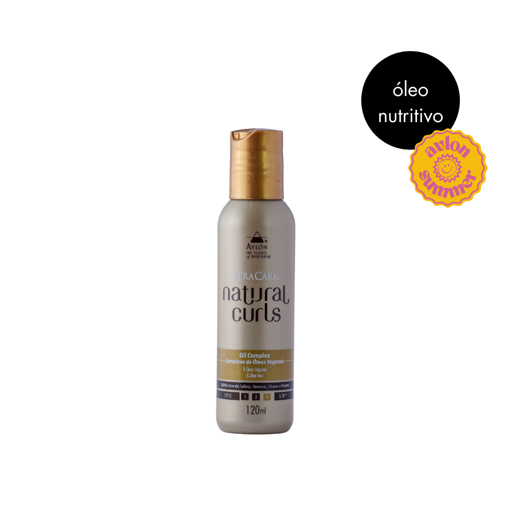 magem do Natural Curls Oil Complex Avlon com selo de verão, destacando nutrição, definição dos cachos e proteção dos fios durante o verão