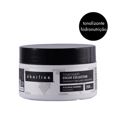 Máscara tonalizante platinado Platinum Diamond, com óleo de coco, óleo de abacate e Keracyn, que nutre, hidrata e mantém a cor por 7 a 10 lavagens.
