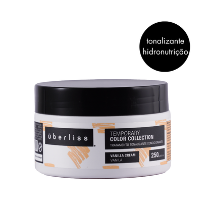 Máscara matizadora Baunilha Cream, com óleo de coco, óleo de abacate e Keracyn, que nutre, hidrata e mantém a tonalidade por 7 a 10 lavagens