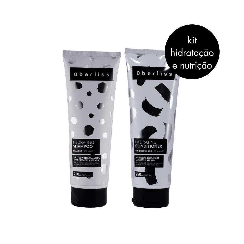 Kit Überliss Hidratante contendo Shampoo 250ml e Condicionador 250ml, formulado para todos os tipos de cabelo; shampoo nutritivo limpa suavemente sem remover nutrientes, deixando os fios hidratados, nutridos e com brilho, facilitando o pentear; condicionador hidratante combate ressecamento, retém umidade, disciplina os fios, fortalece, hidrata com Pantenol e proporciona maciez, sedosidade e brilho.