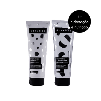 Kit Überliss Hidratante contendo Shampoo 250ml e Condicionador 250ml, formulado para todos os tipos de cabelo; shampoo nutritivo limpa suavemente sem remover nutrientes, deixando os fios hidratados, nutridos e com brilho, facilitando o pentear; condicionador hidratante combate ressecamento, retém umidade, disciplina os fios, fortalece, hidrata com Pantenol e proporciona maciez, sedosidade e brilho.