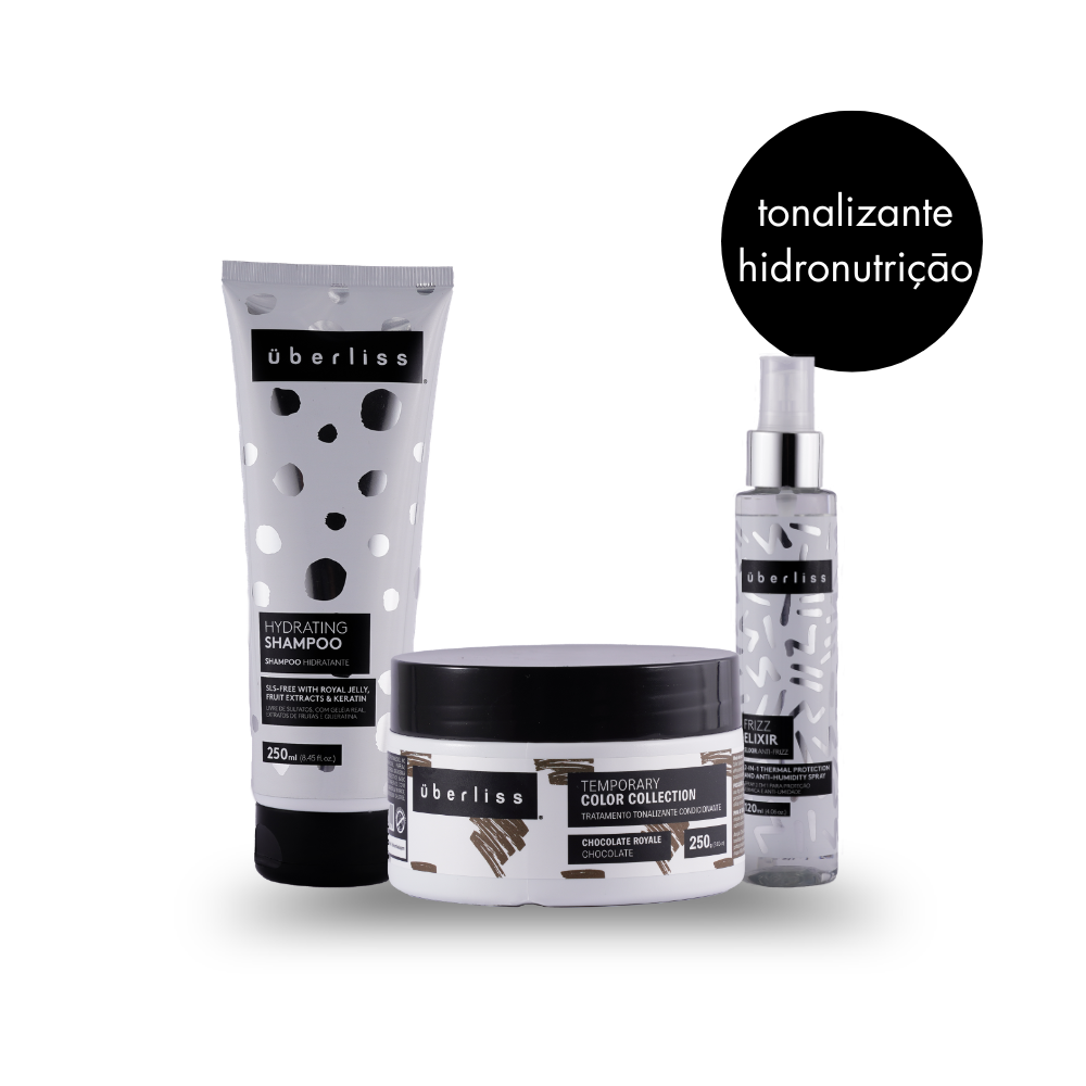 Kit Tonalizante Chocolate Überliss: Shampoo Hidratante, Máscara Temporary Color Collection Chocolate Royale 250g e Elixir Anti-Frizz