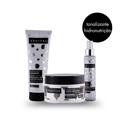Kit Tonalizante Chocolate Überliss: Shampoo Hidratante, Máscara Temporary Color Collection Chocolate Royale 250g e Elixir Anti-Frizz