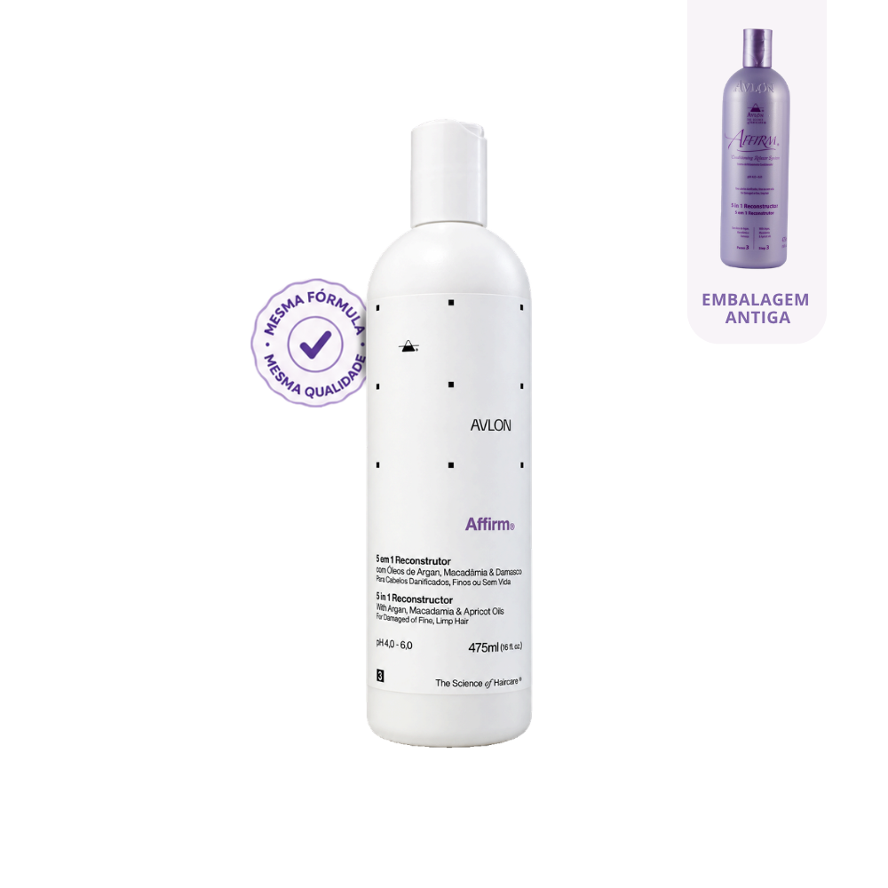 Reconstrutor capilar Affirm 5 em 1 Avlon 475 ml em frasco branco, com a embalagem antiga roxa ao lado.
