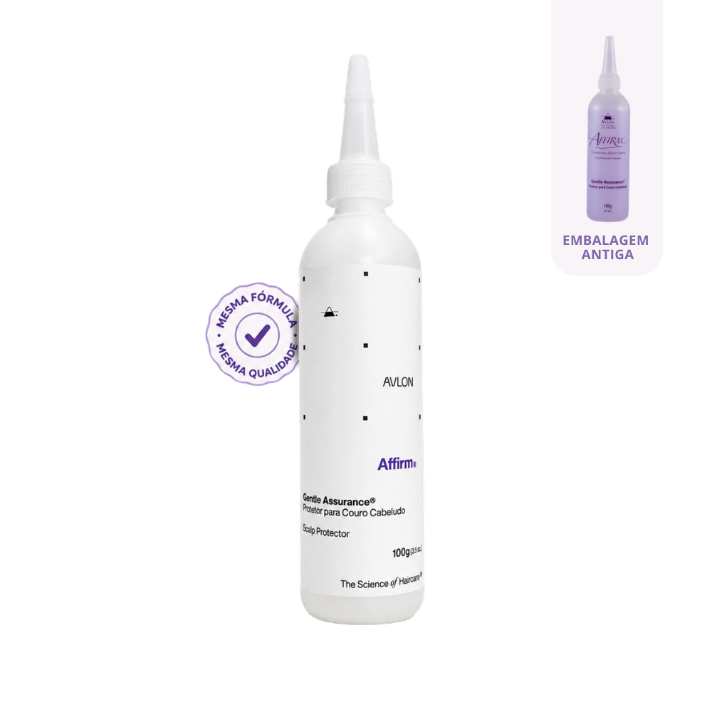 Protetor do couro cabeludo Affirm Gentle Assurance Avlon 100 g em frasco branco com bico aplicador, com a embalagem antiga roxa ao lado.