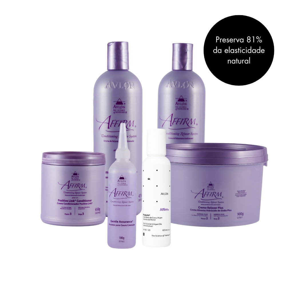Kit Avlon Affirm para alisamento e relaxamento com hidróxido de sódio; preserva 81% da elasticidade natural.